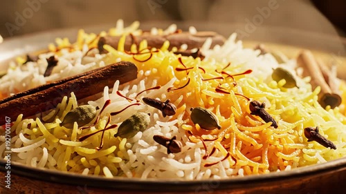 Close up of Aromatic Saffron Rice Pilaf With Whole Spices in Warm Lighting