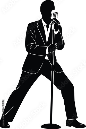 Singer, performer, musician, man, artist, vocalist, silhouette, flavector, stage, microphone, suit, concert, music, entertainment, show, jazz, pop, rock, song, karaoke,
