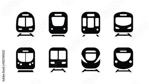 Vector illustration of various train and subway icons in black silhouette on white background for transportation and travel concepts