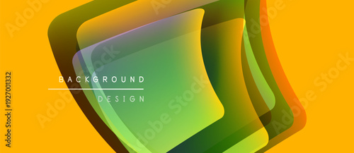 Abstract layers create vibrant design. Yellow backdrop complements green, orange hues. Text reads background design. Modern, dynamic composition.