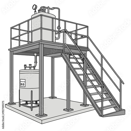 A metal staircase leading to an elevated platform with a tank