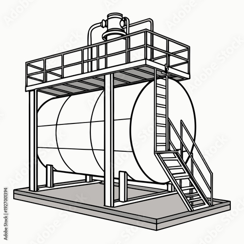 A large cylindrical tank with a platform and staircase
