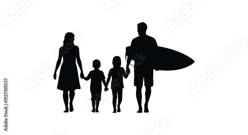 A family of three including a parent with a surfboard walking together as a striking silhouette high quality