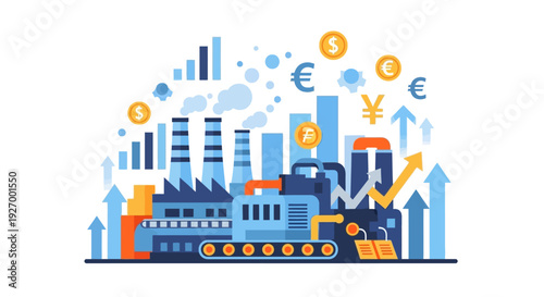 Industrial Economic Growth and Manufacturing Prosperity: Factory Production with Upward Financial Trends and Global Currency Symbols