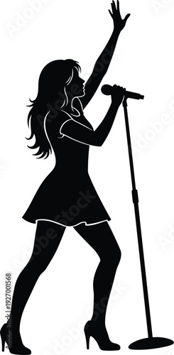 Singer, performer, musician, woman, artist, vocalist, silhouette, flavector, stage, microphone, dress, concert, music, entertainment, show, jazz, pop, rock, song, karaoke