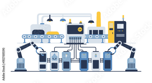Automated Factory Production Line with Robotic Arms and Conveyor Belts. Modern Manufacturing, Industrial Automation & Smart Technology Concept.