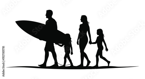A family walks along the beach a father carrying a surfboard depicted in a striking silhouette high quality