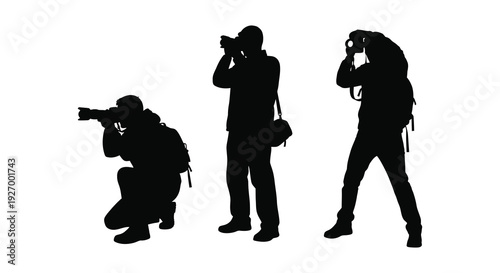 Three photographers captured in dynamic poses showcasing their craft with camera equipment a silhouette high quality professional