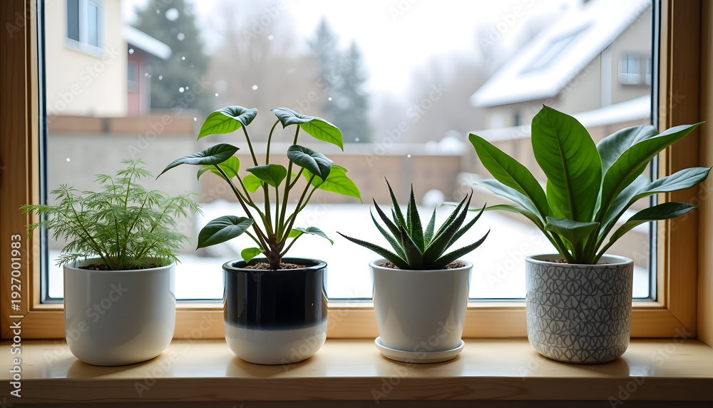 Fototapeta premium Houseplants thrive on a windowsill with falling snow outside, bringing life indoors