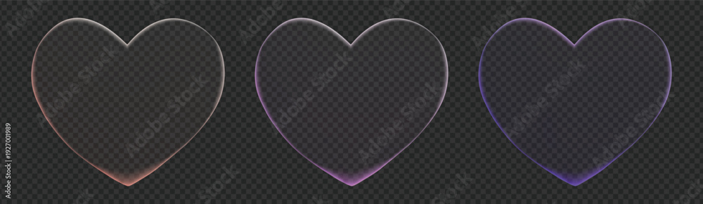 Φωτογραφία Set of three abstract glowing 3D heart outlines in gold, pink, and blue neon colors on a dark background, symbolizing love and modern romance
