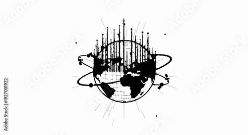 Abstract representation of global connection and digital communication with stylized earth and orbiting data streams.