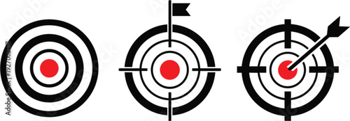 Set of three black and red target icons with bullseye and arrow for business strategy and success concepts