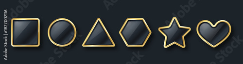 Gold luxury button with premium shape emblem. Elegant golden badge design perfect for awards, certificates, VIP labels, or high-end branding with metallic foil finish.