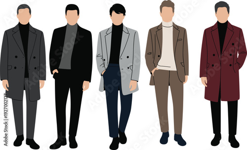 Stylish men wearing long coats and turtlenecks, modern autumn winter male fashion illustration set isolated on white background