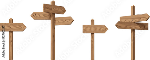 Set of rustic wooden signposts with blank boards for directions isolated on white background vector illustration collection