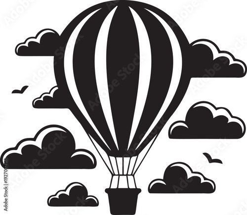 Hot air balloon flying through clouds in sky with birds silhouettes