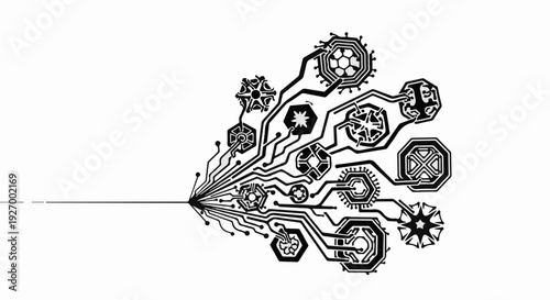 Intricate network of interconnected gears and circuits symbolizing complex systems and innovation.