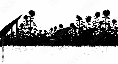 Silhouetted sunflowers and solar panels create a striking contrast against a bright sky.