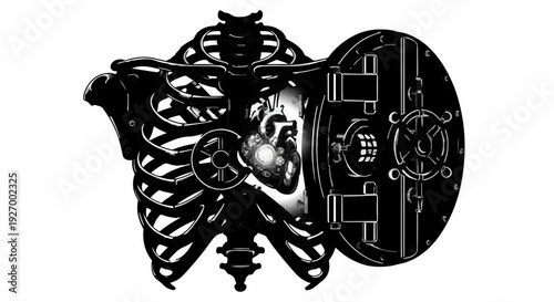 Abstract metallic chest cavity with glowing heart and circular shield