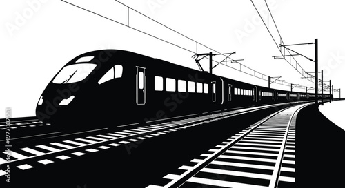 A sleek modern high speed train travels along railway tracks in a striking black silhouette high quality professional detailed