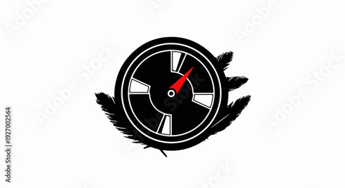 Abstract circular design with a red needle and feather elements, symbolizing precision and creativity.