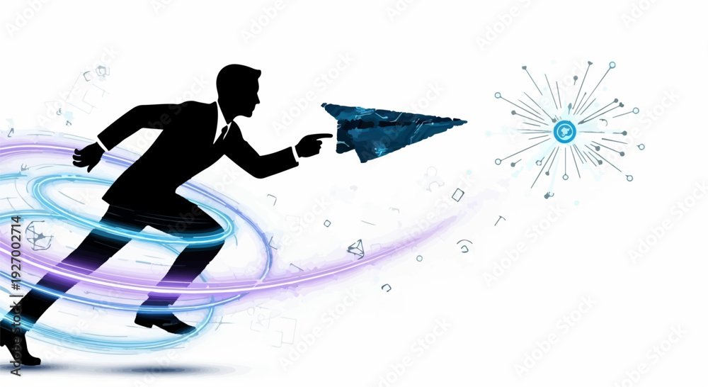 Fototapeta premium Silhouette of businessman launching a paper airplane towards digital network, symbolizing innovation and forward movement.