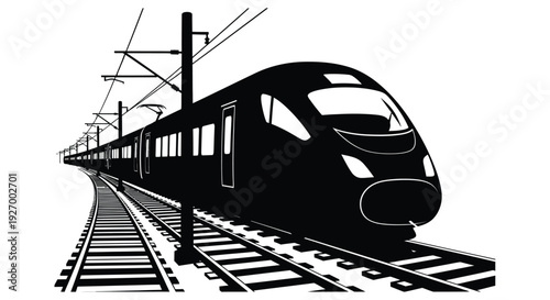 A sleek modern high speed train travels along railway tracks depicted in striking black silhouette high quality professional detailed