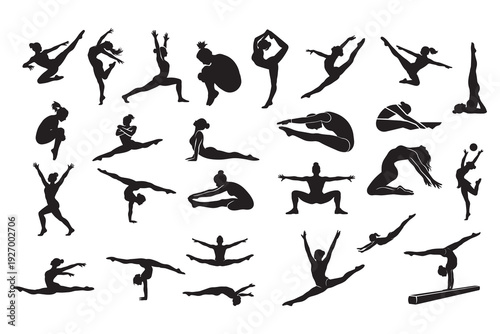 Diverse Silhouettes of Athletes Performing Yoga, Gymnastics, and Dance Moves