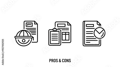 Business report icons representing pros and cons evaluation including site safety helmets, task checklists, and approval documents.