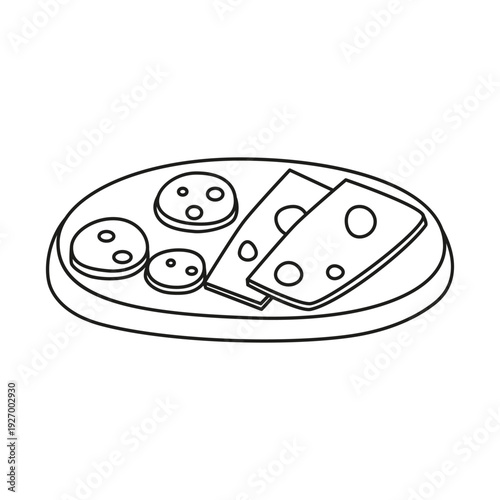 Set of cute hand drawn breakfast meals in Mediterranean style isolated on white background. Line art salami and cheese slices. Great for posters, cafe designs, menu, etc.