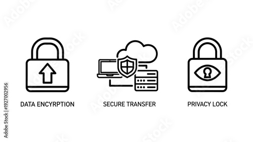 Cybersecurity icons set featuring data encryption locks, secure information transfer networks, and privacy lock monitoring for digital safety.