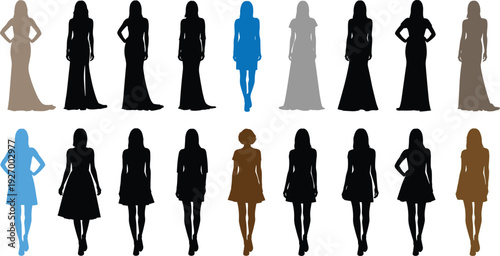 Women standing silhouette collection, female fashion model poses flat vector illustration isolated on white background