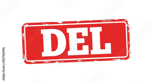 A bold rectangular red stamp displaying the letters del in white creating a striking silhouette high quality professional