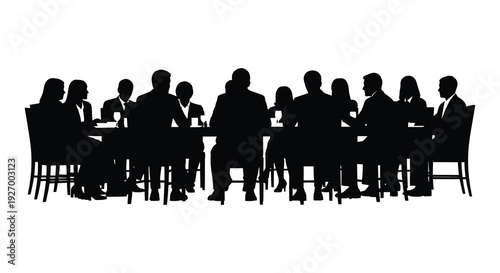 A group of people seated around a long table engaged in discussion presented as a silhouette high quality