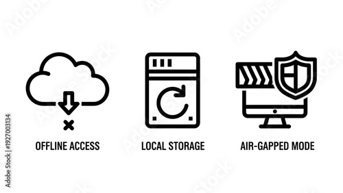 Data security and local storage icons for offline access, file synchronization, and secure air-gapped system modes