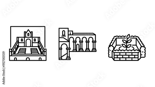 Historical architecture and garden design line icons illustrating a classical palace, arched walkway, and courtyard garden