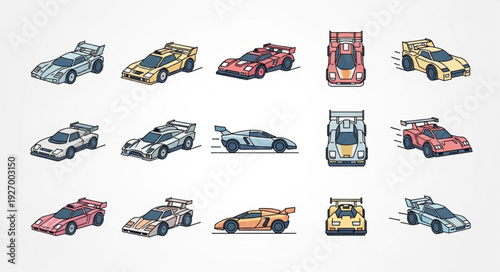 Collection of pixelated race cars in various colors and designs, perfect for racing games.