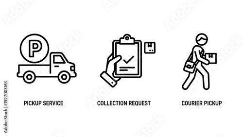 Logistics and delivery service icons for pickup requests, courier collections, and parcel shipping management