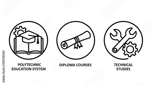 Technical education and polytechnic study icons featuring academic books, graduation diploma scroll, and engineering tools like wrench and gear for vocational training courses