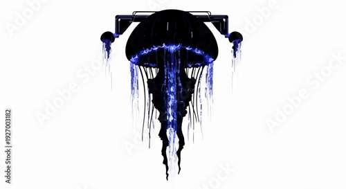 Mysterious glowing jellyfish with bioluminescent tentacles, isolated on white background.