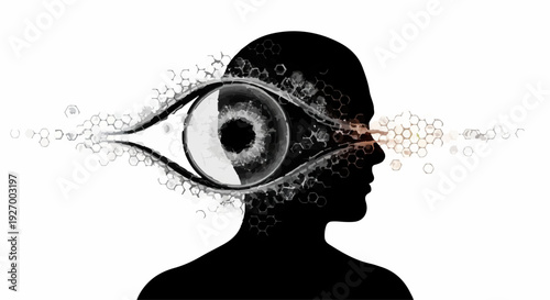 Conceptual image of an eye emerging from a human silhouette, symbolizing vision and perception.