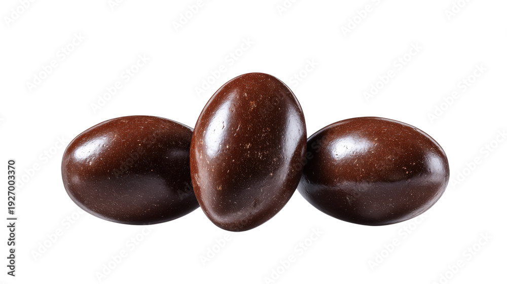 Obraz premium Three dark chocolate oval candies arranged closely together in middle of frame, sweet confectionery, luxury treat, dark brown color, round shape