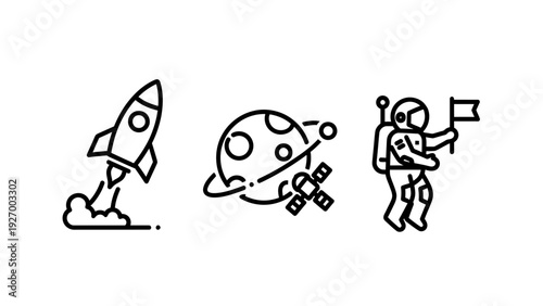 Space exploration icon collection featuring a rocket launch, a planet with orbiting satellites, and an astronaut carrying a flag for science and discovery themes.