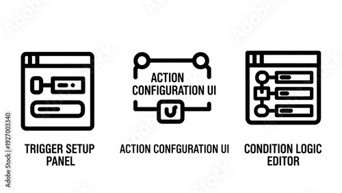 Software UI Configuration Icons for Trigger Setup Action Settings and Logic Condition Editor Workflow