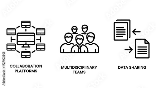 Business collaboration icon set illustrating multidisciplinary teams, digital sharing platforms, and document data exchange for corporate project management.