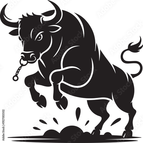 Angry black bull jumping with chain and splashes vector illustration