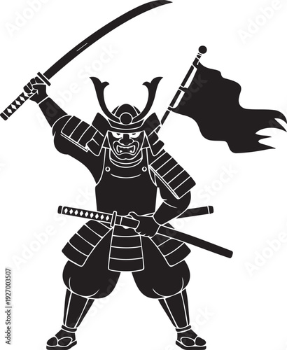 Samurai warrior with swords and flag vector illustration