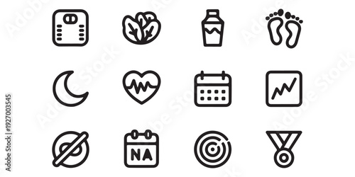 Health and fitness line icons collection featuring weight scale heart rate calendar and workout progress