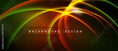 Abstract design features vibrant curves, gradients. Colors blendgreen, orange, yellowcreating dynamic visual effect. Text reads background design.