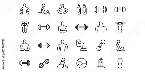 Set of human body and fitness related line icons, a collection of simple graphics representing exercise